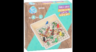 Eddy Toys Slangen en Ladders Bordspel - 15x15 cm - Snakes & Ladders Spel - Houten Bordspel met 6 Pionnen en 2 Dobbelstenen - Klassiek Familiespel - 9 Stuks