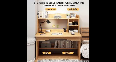 Groot staand bureau voor thuiskantoor, bureau met planken, bureau met lades – ergonomische computertafel met opbergruimte, stevig houten bureau, gaming werkplek