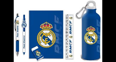 Real Madrid stationery set + aluminium drinkfles – 7-delig – blauw/wit - Geschenkset - Cadeau