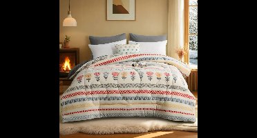 Boho Dekbed – Wit Gewatteerd Beddengoed met Bloemen & Geometrische Details – Zacht, Warm & Decoratief (135×200 cm)