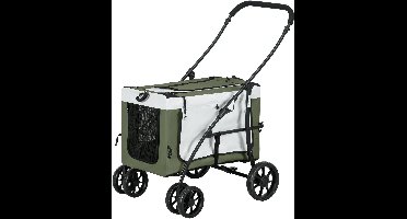 Dierenwagen – Hondenwagen – Huisdierenwagen – Opvouwbare Buggy – Wandelwagen – Comfortabele Bekleding – Veiligheidsharnassen – Donkergroen/Zwart/Wit – 81x58x97,5 cm
