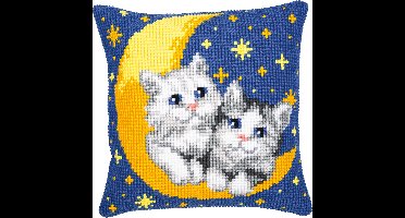 Vervaco - Kruissteekkussen kit - Poesjes op de maan - PN-0008678 - Borduren - Borduurpakket - Borduurpakket volwassenen - Borduurpakket kind