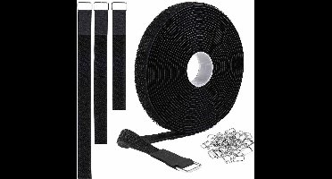 Velcro 2cm x 5m - met 25 metalen gespen - herbruikbare kabelbinders - verstelbare bevestigingsriemen - nylon fixatiestroken - 2cm breed - zwart