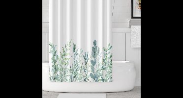 Boraboi® Wasbaar douchegordijn met groene bladeren en bloemenmotief voor de badkamer, Polyester, 120 x 180 cm, Wit, Groen