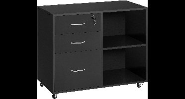 Sierra Archiefkast, Rolcontainer, archiefkast, kantoorkast met 5 wielen, 3 laden en 2 open vakken, industrieel design, voor documenten, zwart