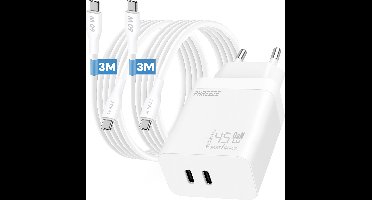 Phreeze 45 W usb C oplader - Dual port GaN charger - Inclusief 2 usb C naar usb C kabels 3m voor telefoon en tablet