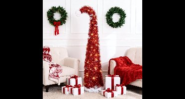 Boraboi® Compacte opvouwbare kerstboom met verlichting en sneeuwvlokken voor kleine ruimtes,Rood,150 cm