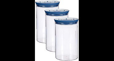 3x stuks voorraadpot/bewaarpot transparant/blauw met deksel L12xB12xH18 cm - 1200 ml - Kunststof voorraadpotten
