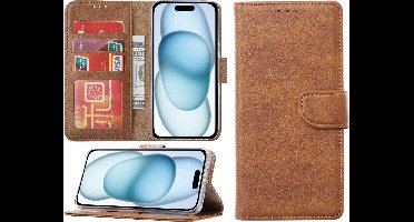 Hoesje Geschikt voor iPhone 15 Plus – portemonnee bookcase met pasjeshouder – Bruin