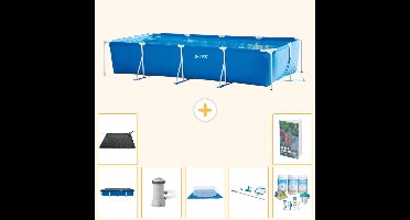 Intex Rechthoekig Frame Zwembad - 450 x 220 x 84 cm - Blauw - Inclusief Afdekzeil - Zwembadfilterpomp - Grondzeil - Schoonmaakset - Solar Mat - Onderhoudspakket - Zwembadgids - 8-delig