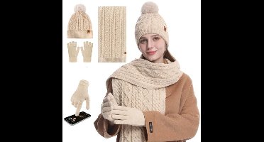 Dames wintermuts, handschoenen en sjaal set - Warme fleece gebreide muts, lange sjaal en handschoenen met touchscreen-functie - 3-in-1 warme cadeauset - beige