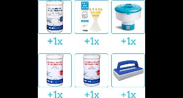 Zwembad Onderhoudspakket - Onderhoud Zwembad - bevat Chloor - Testrips - Chloordrijver - PH-min - PH-plus en Scrubborstel (6-delig)