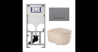QeramiQ Dely Swirl Toiletset - 36.3x51.7cm - Geberit UP320 inbouwreservoir - met Burda frame - 35 mm zitting - bedieningsplaat licht grijs - rechthoekige knoppen - beige