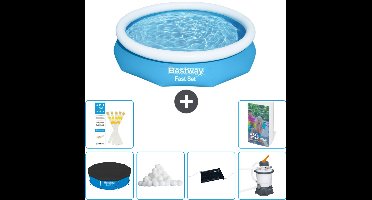 Bestway Rond Opblaasbaar Fast Set Zwembad - 305 x 66 cm - Blauw - Inclusief Afdekzeil - Filterbollen - Solar Mat - Zwembadfilterpomp - 7-delig