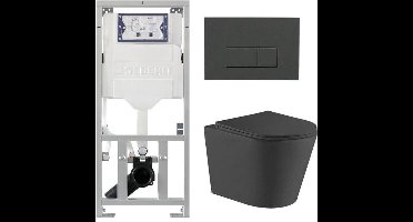 QeramiQ Dely Toiletset - 36.3x51.7cm - diepspoel - rimless - Geberit UP320 inbouwreservoir - met Burda frame - softclose toiletzitting - bedieningsplaat antraciet mat - rechtehoekige knoppen - mat zwart