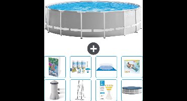 Intex Rond Prism Frame Zwembad - 457 x 122 cm - Grijs - Inclusief Pomp - Ladder - Grondzeil - Afdekzeil - Onderhoudspakket - Loungebed - 9-delig