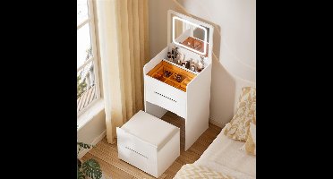 Make-uptafel met inklapbare spiegel en ledverlichting, 3-in-1, toilettafel voor slaapkamer, kaptafel met zichtbaar glasplaat, compact met 3 laden en gevoerde kruk, badkamertafel