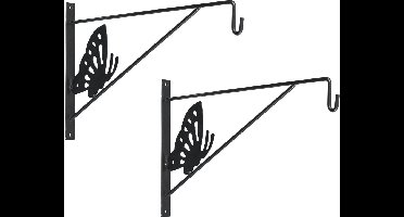 Nature Muurhaak / plantenhaak - 2x - antraciet - met vlinder - geplastificeerd verzinkt staal - 24 x 35 cm - hanging basket haak