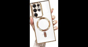 Hoesje Geschikt Voor Samsung Galaxy S23 Ultra hoesje Magnetisch Met Lens beschermer Transparant / Goud – Magneet hoesje