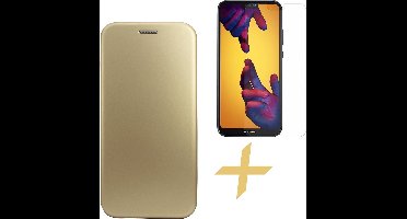 Hoesje geschikt voor Huawei P20 Lite - Kunstlederen Wallet Book Case Cover Portemonnee Goud + Screenprotector Gehard Glas - van iCall