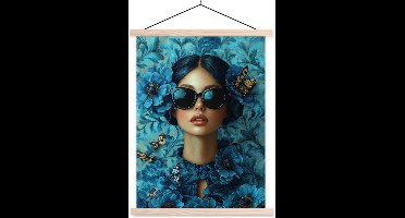 Posterhanger incl. Poster 40x53 cm - Schoolplaat - Vrouw - Bloemen - Vlinders - Blauw - Abstract - Textielposter - Blanke latten