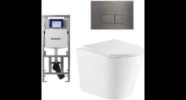 QeramiQ Dely Toiletset - 36.3x51.7cm - diepspoel - rimless - Geberit UP320 inbouwreservoir - met Burda frame - softclose toiletzitting - gunmetal bedieningsplaat - rechtehoekige knoppen - wit mat