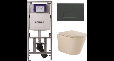 QeramiQ Dely Swirl Toiletset - 36.3x51.7cm - Geberit UP320 inbouwreservoir - met Burda frame - 35 mm zitting - bedieningsplaat antraciet mat - rechthoekige knoppen - beige