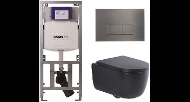 QeramiQ Dely Swirl Toiletset - 36.3x51.7cm - Geberit UP320 inbouwreservoir - met Burda frame - 35mm zitting - gunmetal bedieningsplaat - rechthoekige knoppen - mat zwart