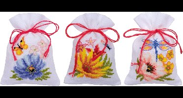 Vervaco - Kruidenzakje kit - Kleurige bloemen set van 3 - PN-0185083 - Borduren - Borduurpakket - Borduurpakket volwassenen - Borduurpakket kind