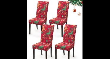 Kerst Stoelhoezen Set van 4 Kerstmis Universeel Wasbare Stoelhoezen Voor Eetkamerstoelen Eetstoelhoezen Stoelbekleding Decoratie Voor Woonkamer Keuken Feest - Rood-Eland