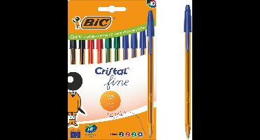 BIC Cristal Original Fine Balpennen met doorschijnende oranje houder - Diverse inktkleuren - Doos van 10 - Fijne punt 0.8 mm