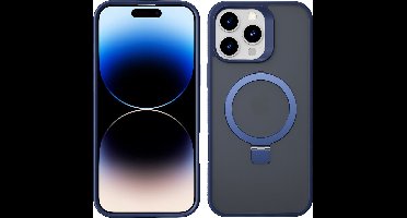 Hoesje Geschikt voor iPhone 14 Pro Magsafe hoesje Blauw - Mat Transparant hard case - Magnetic Ring Houder hoesje