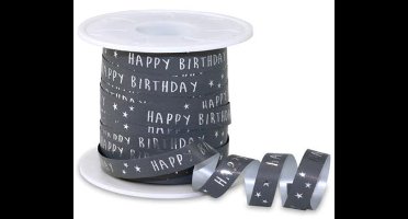 Luxe Krullint Happy Birthday Grijs – Decoratielint | 10 mm | 100mtr.