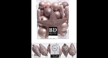 Kerstversiering kunststof kerstballen en hangers lichtroze 5-6-8 cm pakket van 39x stuks - Met ster vorm piek van 19 cm