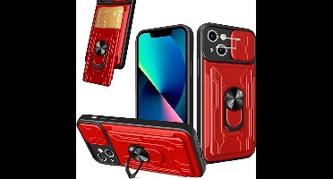 Hoesje Geschikt voor iPhone 13 met pashouder / Ringhouder / lens bescherming – Rood
