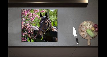 Inductieplaat Beschermer - Bruin paard met halster steunt hoofd op houten hek richting roze bloemen - 60x55 cm - 2 mm Dik - Inductie Beschermer - Bescherming Inductiekookplaat - Kookplaat Beschermer van Zwart Vinyl