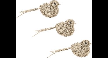 4x stuks decoratie vogels op clip glitter champagne 12 cm - Decoratievogeltjes/kerstboomversiering/bruiloftversiering