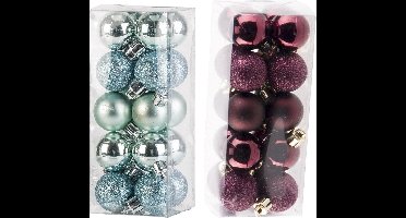 Kleine kunststof kerstversiering 40x stuks set en 3 cm kerstballen in het aubergine en mintgroen - Voor kleine kerstbomen