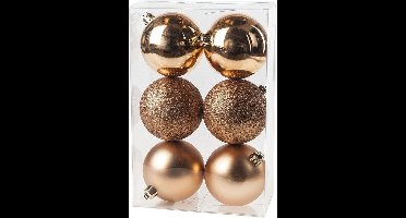 12x Koperkleurige kunststof kerstballen 8 cm - Mat/glans - Onbreekbare plastic kerstballen - Kerstboomversiering koperkleurig