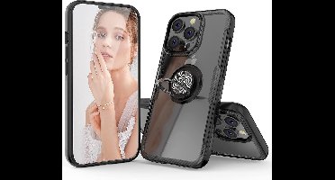 Hoesje Geschikt voor iPhone 14 Pro Max hoesje Luxe carbon backcover case - Hoesje Geschikt voor iPhone 14 Pro Max met Metalen Ring houder - Zwart