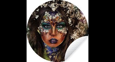 WallCircle - Muurstickers - Behangcirkel - Vrouw - Bloemen - Make-up - ⌀ 30 cm - Muurcirkel - Zelfklevend - Ronde Behangsticker