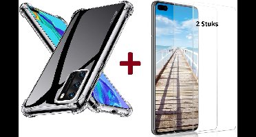 Geschikt voor Huawei P40 Lite Anti Shock Hoesje TPU Back case Met 2 pack glazen Screenprotector - Transparant
