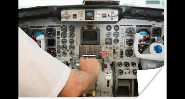 Poster Een piloot bestuurt het vliegtuig in de cockpit - 30x20 cm