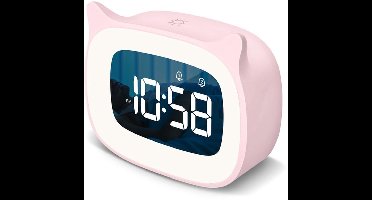 Wekker voor kinderen met nachtlampje - 18 verschillende beltonen - Oplaadbare digitale wekker met schattige kattenoren - Voor jongens en meisjes - Roze - Kinderslaapkamer