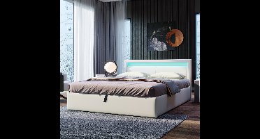 Polsterbed 140*200 cm met lattenbodem, opbergruimte en verlicht hoofdgedeelte in diverse kleuren: wit hoofdgedeelte & kunstleer