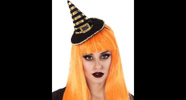 Halloween heksenhoed - mini hoedje op diadeem - one size - zwart/oranje - meisjes/dames - verkleed accessoires