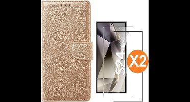 Hoesje geschikt voor Samsung Galaxy S24 Ultra 5G hoesje bookcase Goud - Met screenprotector tempered glass Galaxy S24 Ultra - 2x