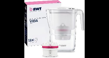 BWT Waterfilterkan VIDA + 13 MMW filterpatronen Wit | Verwijdert kalk, chloor, lood & koper | 120 L per cartridge | Handmatige vervangingsindicator | BPA‑vrij | Past in koelkastdeur | Geschikt voor thee, koffie & koken