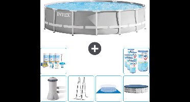 Intex Rond Prism Frame Zwembad - 427 x 107 cm - Grijs - Inclusief Pomp - Ladder - Grondzeil - Afdekzeil Onderhoudspakket - Filters