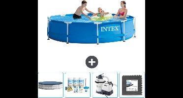 Intex Rond Frame Zwembad - 305 x 76 cm - Blauw - Inclusief Afdekzeil - Onderhoudspakket - Zwembadfilterpomp - Vloertegels
